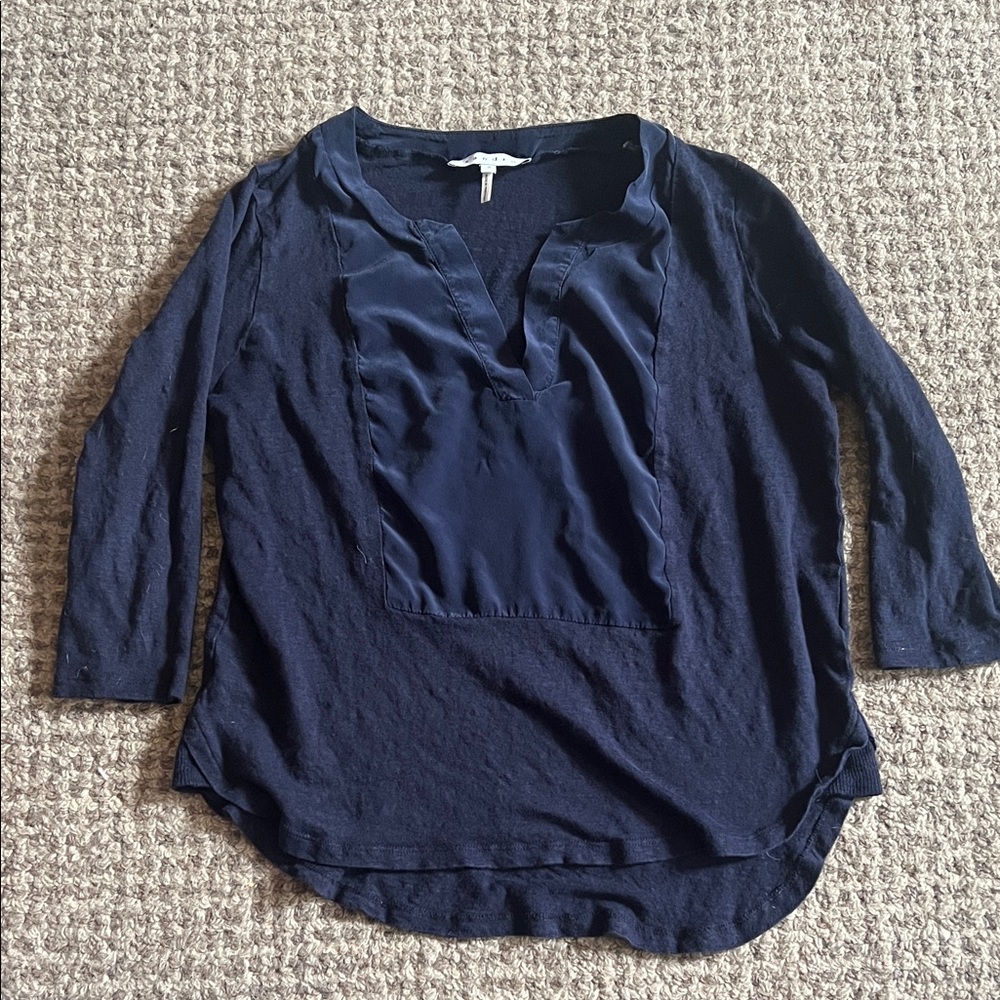 💙 Sandro Paris Deep Blue Linen & Silk V-Neck Blouse | Size 3 (US L) | High-Low